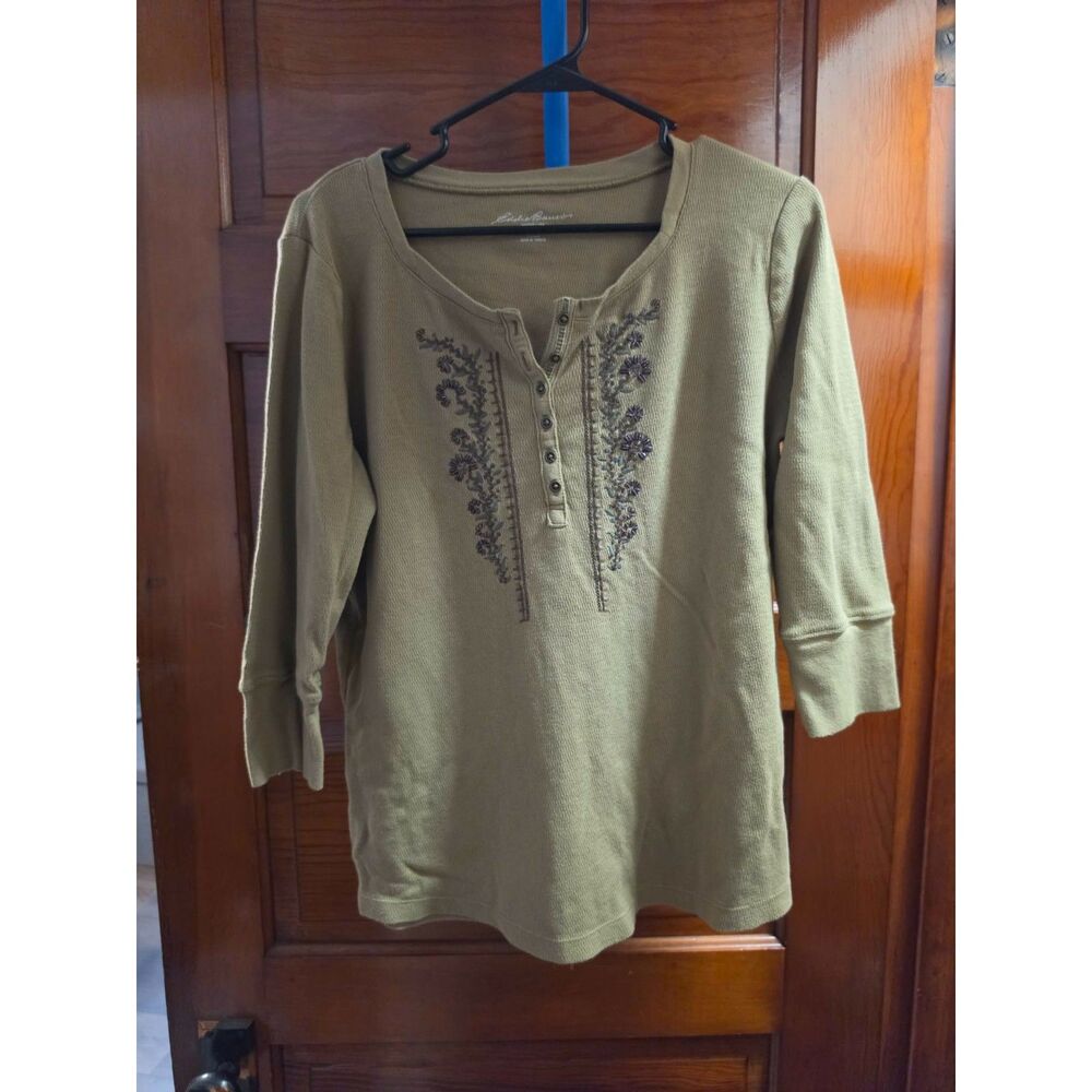 Eddie Bauer Women’s XL Olive Green Embroidered Henley Shirt 100% Cotton 3/4 Slee